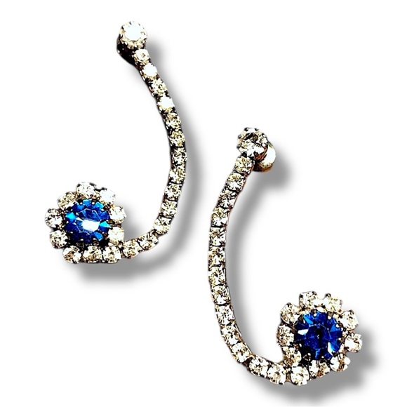 Vintage 90s Faux Diamond & Sapphire Swirl drop party Earrings - Picture 3 of 10